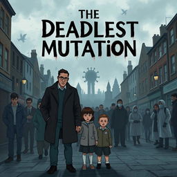 A book cover illustration for 'The Deadliest Mutation', depicting an ominous urban landscape in England