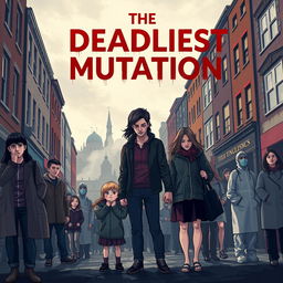 A book cover illustration for 'The Deadliest Mutation', depicting an ominous urban landscape in England