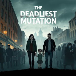 A book cover illustration for 'The Deadliest Mutation', depicting an ominous urban landscape in England