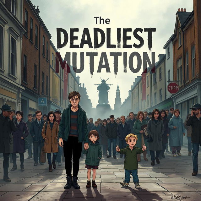 A book cover illustration for 'The Deadliest Mutation', depicting an ominous urban landscape in England