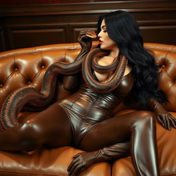 A stunningly attractive woman with a big ass, big boobs, and a thin waist lying provocatively on a sophisticated leather sofa