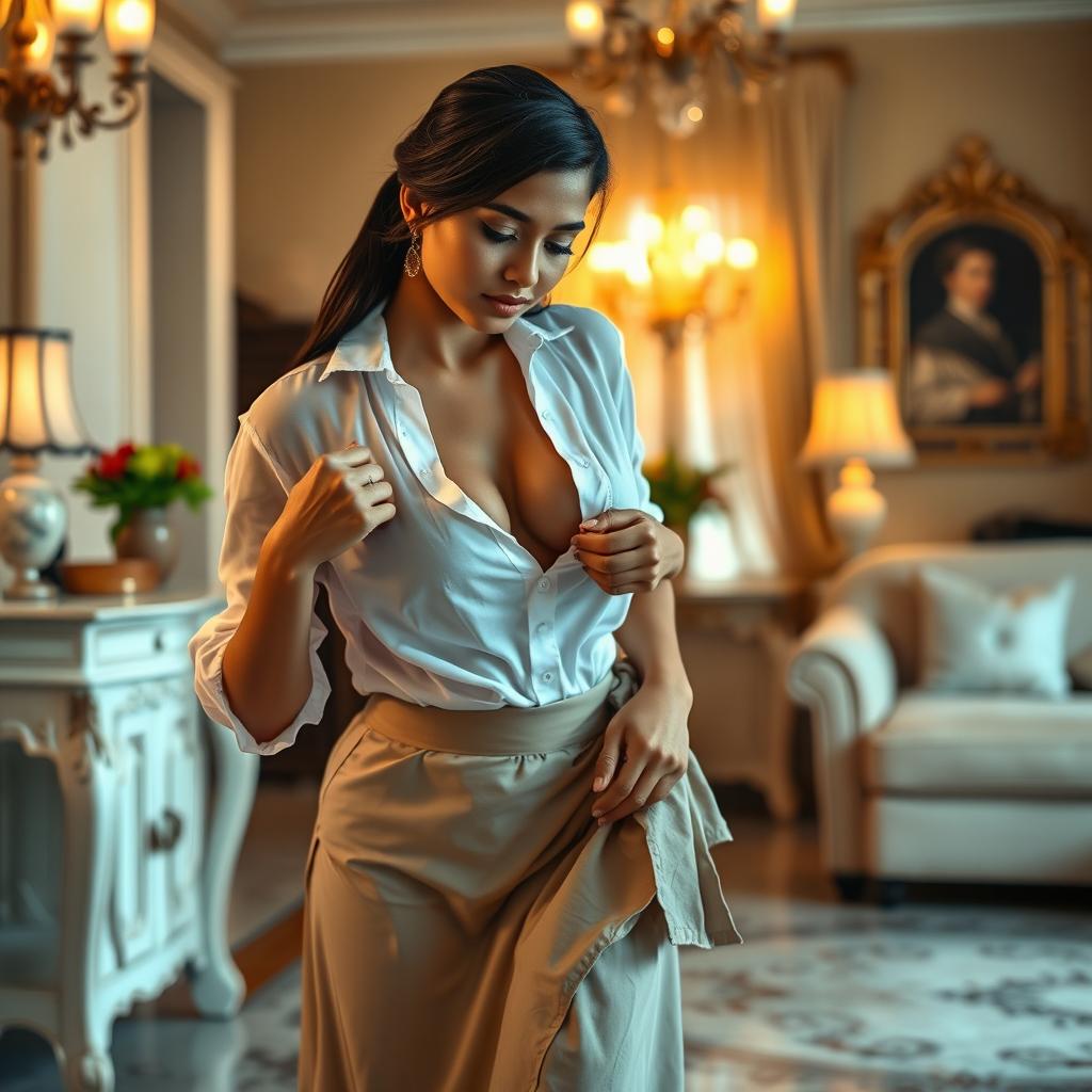 An alluring Indian brunette maid is depicted as she opens the button of her sheer white blouse with one hand while cleaning the floor of a beautifully decorated house