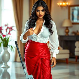 An attractive Indian brunette maid is portrayed as she opens the button of her sheer white blouse with one hand while cleaning the floor of a stylishly decorated house, revealing her significant cleavage
