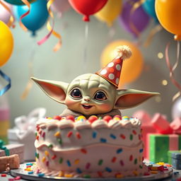 A whimsical scene depicting Baby Yoda celebrating a birthday party, surrounded by colorful balloons and a vibrant cake covered in frosting