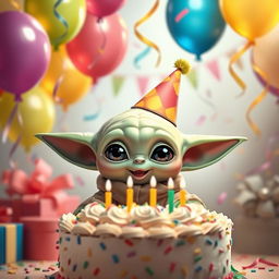 A whimsical scene depicting Baby Yoda celebrating a birthday party, surrounded by colorful balloons and a vibrant cake covered in frosting