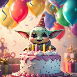A whimsical scene depicting Baby Yoda celebrating a birthday party, surrounded by colorful balloons and a vibrant cake covered in frosting