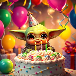 A whimsical scene depicting Baby Yoda celebrating a birthday party, surrounded by colorful balloons and a vibrant cake covered in frosting