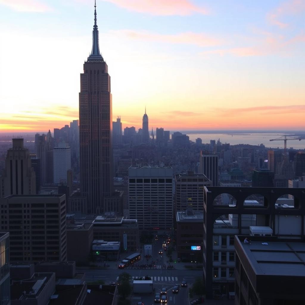 A stunning view of the Empire State Building towering over the New York City skyline during sunset, with vibrant orange and pink hues in the sky reflecting off the glass windows