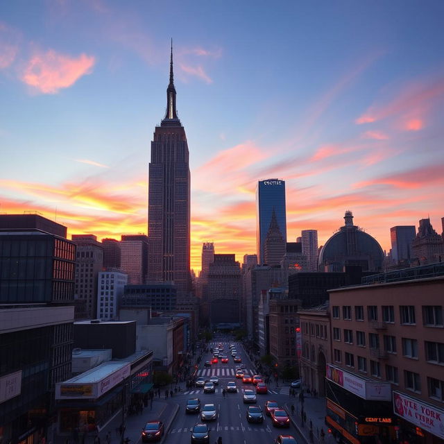 A stunning view of the Empire State Building towering over the New York City skyline during sunset, with vibrant orange and pink hues in the sky reflecting off the glass windows