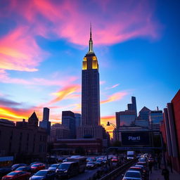 A stunning view of the Empire State Building towering over the New York City skyline during sunset, with vibrant orange and pink hues in the sky reflecting off the glass windows