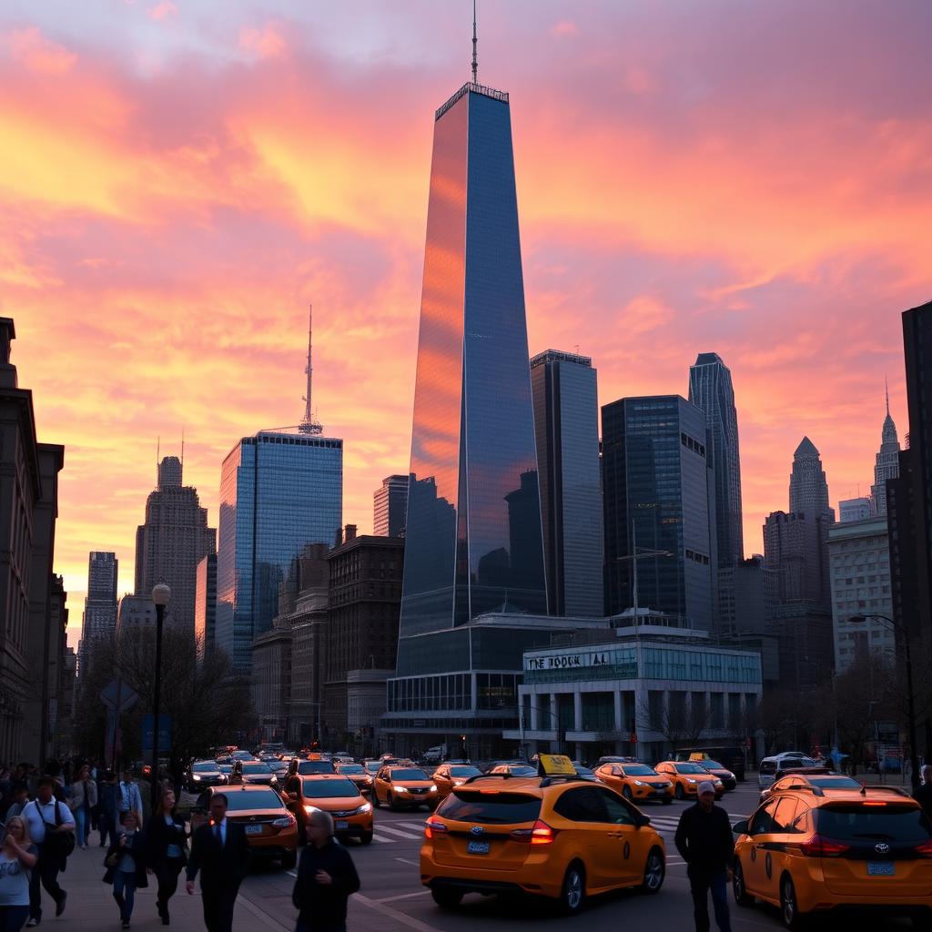 A breathtaking view of One Vanderbilt, the iconic skyscraper in New York City, captured during sunset