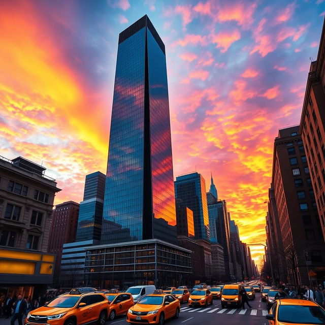 A breathtaking view of One Vanderbilt, the iconic skyscraper in New York City, captured during sunset