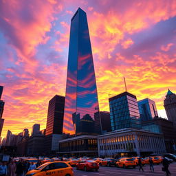 A breathtaking view of One Vanderbilt, the iconic skyscraper in New York City, captured during sunset