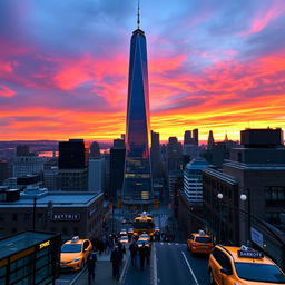 A breathtaking view of One Vanderbilt, the iconic skyscraper in New York City, captured during sunset