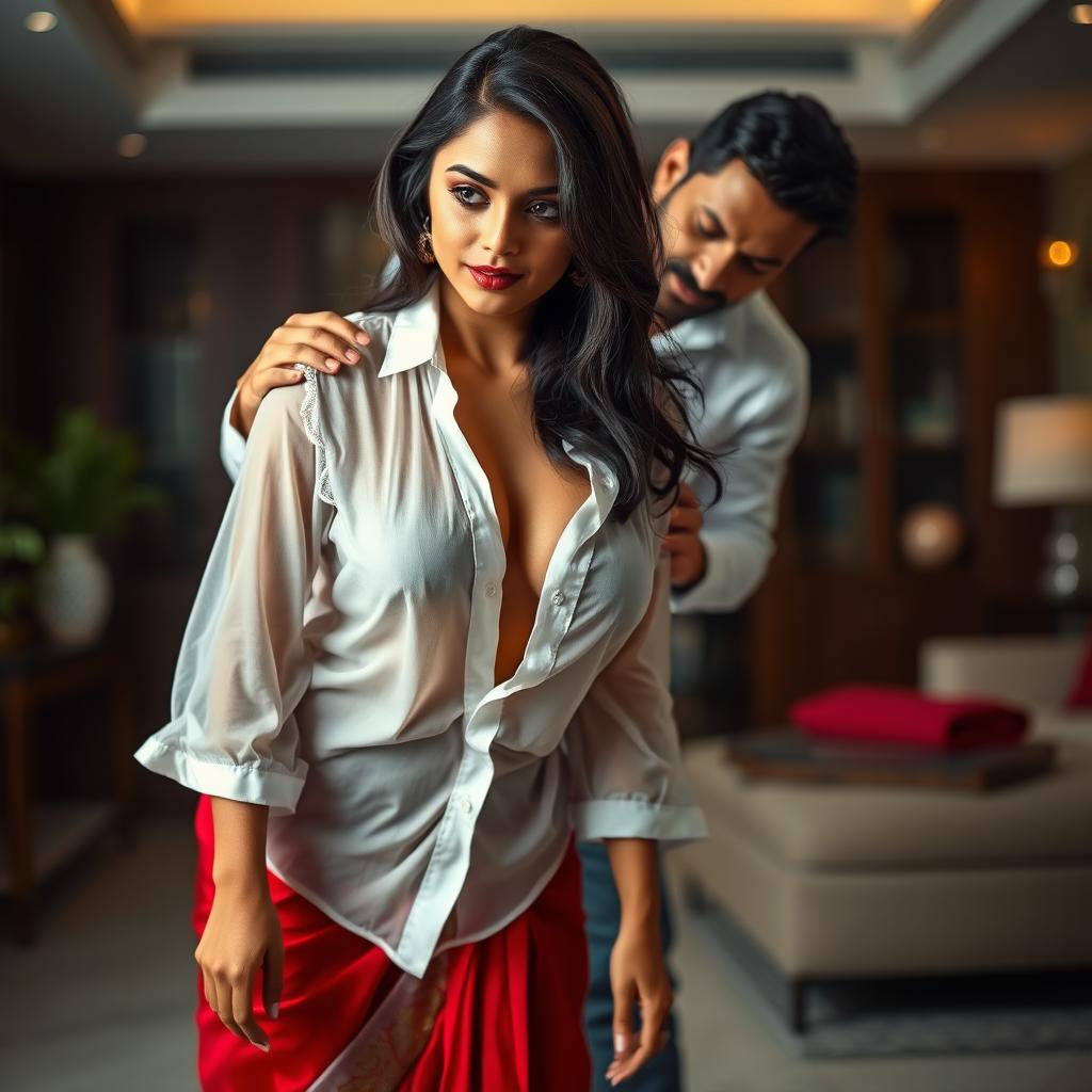 An attractive Indian brunette maid is depicted in an intimate scene as she opens the button of her sheer see-through white blouse and red saree with one hand while bending down to clean the floor of a stylish home