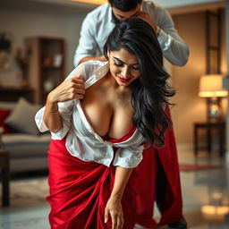 An attractive Indian brunette maid is depicted in an intimate scene as she opens the button of her sheer see-through white blouse and red saree with one hand while bending down to clean the floor of a stylish home
