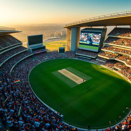 Wide-angle aerial shot of a massive cricket stadium, packed with an energetic crowd