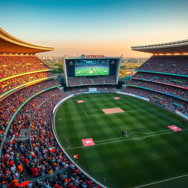 Wide-angle aerial shot of a massive cricket stadium, packed with an energetic crowd