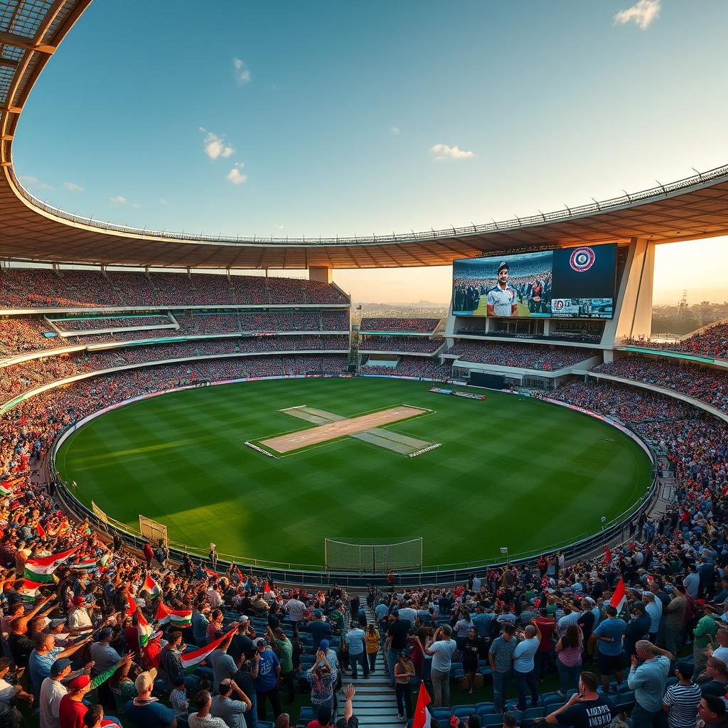 Wide-angle aerial shot of a massive cricket stadium, packed with an energetic crowd