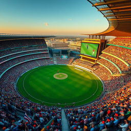 Wide-angle aerial shot of a massive cricket stadium, packed with an energetic crowd