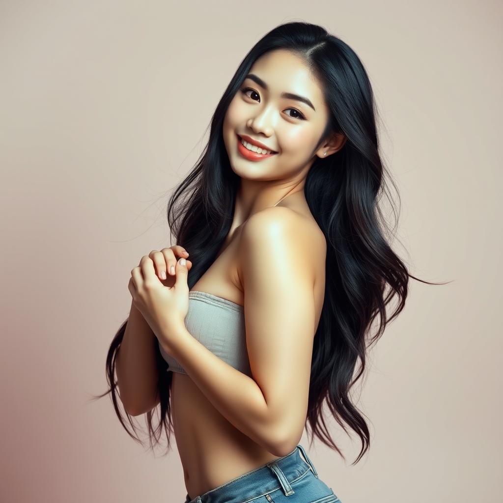 A stunning portrait of an 18-year-old Asian woman with an attractive and healthy physique, showcasing her beauty and confidence