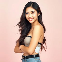 A stunning portrait of an 18-year-old Asian woman with an attractive and healthy physique, showcasing her beauty and confidence