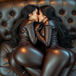 Two stunning Korean women with voluptuous figures, featuring big breasts and a big butt, a slender waist, sexy dark red lips, and long flowing black hair