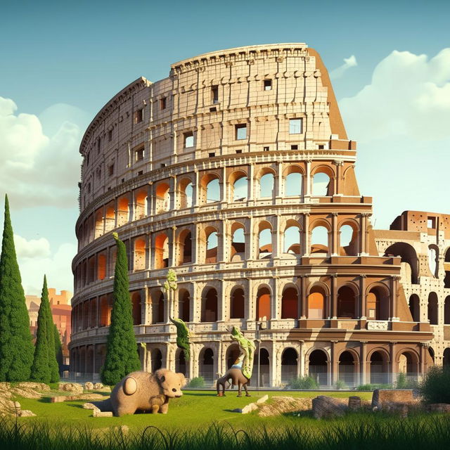 Generate a cartoon version of the Colosseum in Rome.