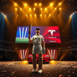 A wide-angle shot capturing a grand stage with a massive LED screen towering behind, glowing with dynamic graphics of cricket stumps and a Tesla car reveal animation