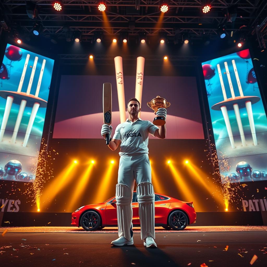 A wide-angle shot capturing a grand stage with a massive LED screen towering behind, glowing with dynamic graphics of cricket stumps and a Tesla car reveal animation