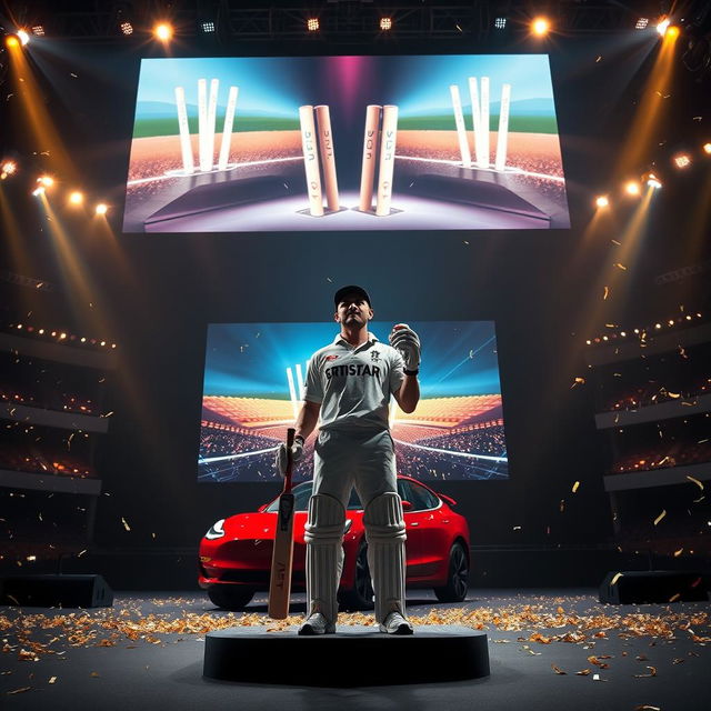 A wide-angle shot capturing a grand stage with a massive LED screen towering behind, glowing with dynamic graphics of cricket stumps and a Tesla car reveal animation