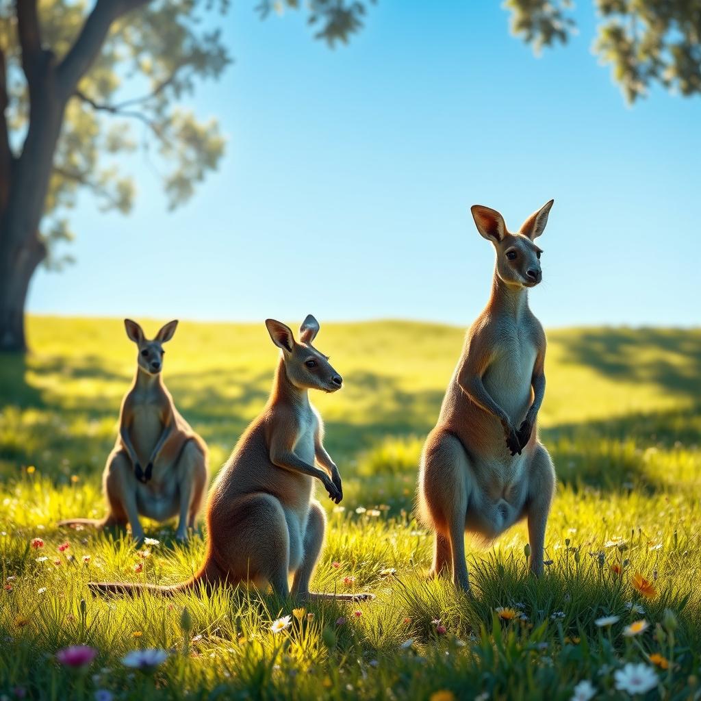 A serene scene depicting kangaroos kneeling gracefully in a lush green meadow, surrounded by wildflowers