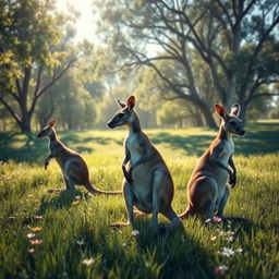 A serene scene depicting kangaroos kneeling gracefully in a lush green meadow, surrounded by wildflowers