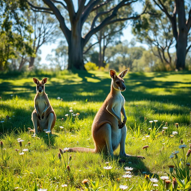 A serene scene depicting kangaroos kneeling gracefully in a lush green meadow, surrounded by wildflowers