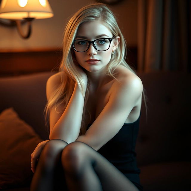 A cute, shy blonde woman posing elegantly, with a soft and innocent demeanor