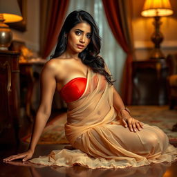 A stunning Indian brunette professional maid, dressed in a sheer saree that elegantly drapes across her lower body, revealing her beautiful assets