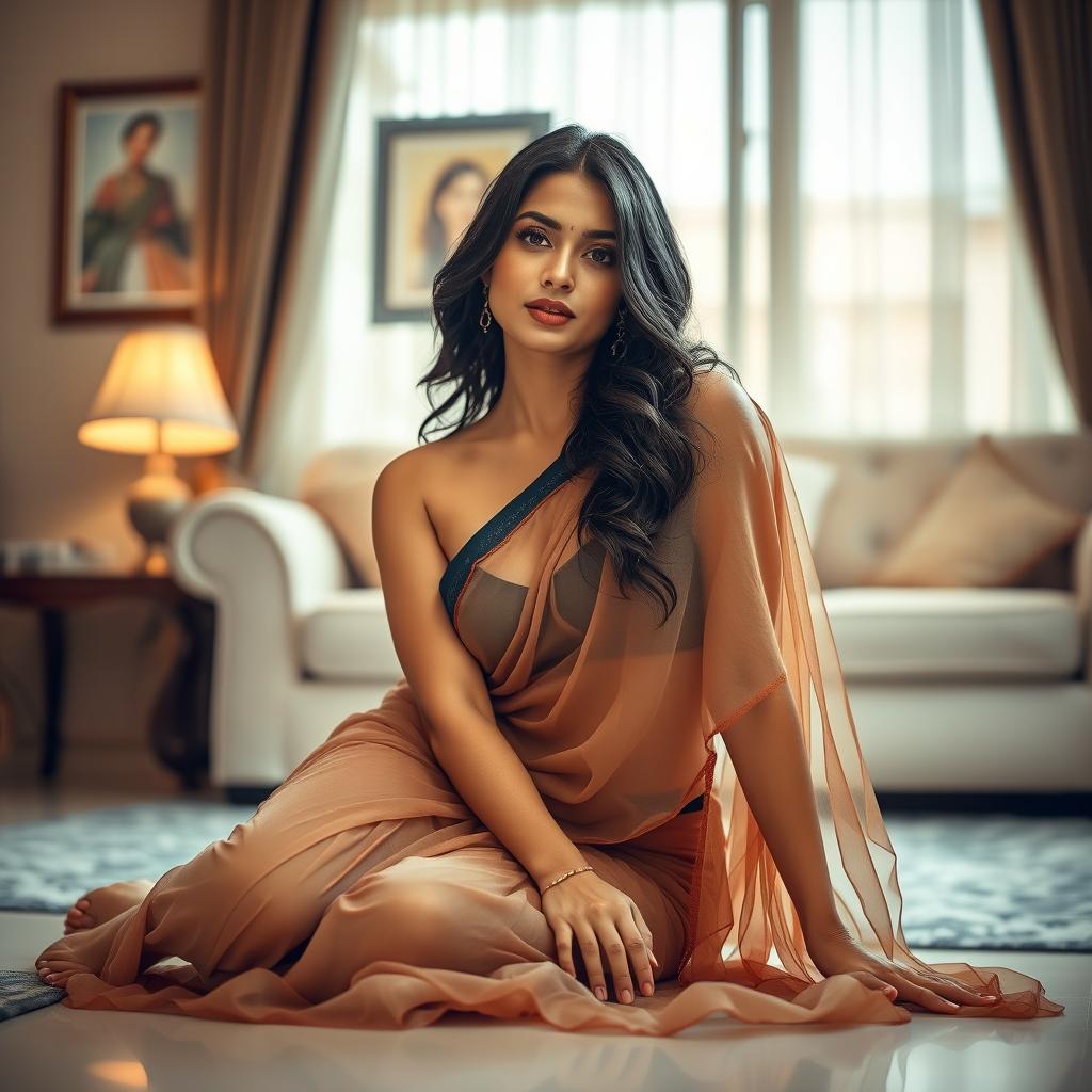 A stunning Indian brunette professional maid, dressed in a sheer saree that elegantly drapes across her lower body, revealing her beautiful assets