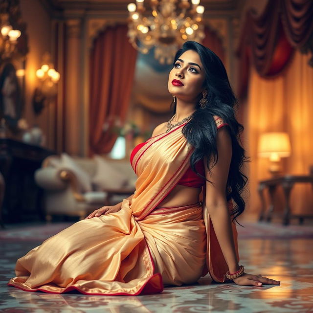 A seductive Indian brunette maid in a lavish, elegant home, enticing her owner with a sultry pose on the floor