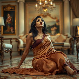 A seductive Indian brunette maid in a lavish, elegant home, enticing her owner with a sultry pose on the floor