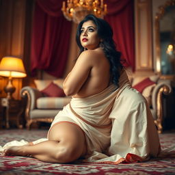 A seductive Indian brunette maid in a lavish, elegant home, enticing her owner with a sultry pose on the floor