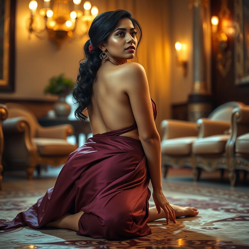 A seductive Indian brunette maid in a lavish, elegant home, enticing her owner with a sultry pose on the floor