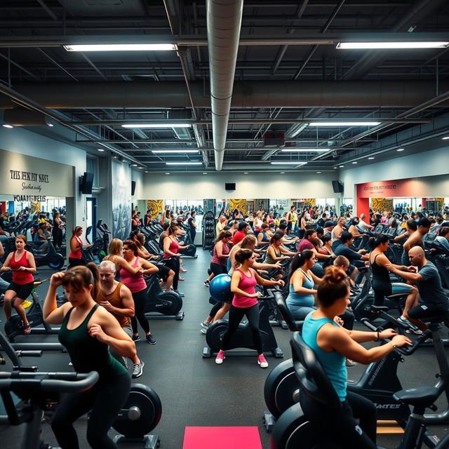 A vibrant and dynamic scene inside a modern fitness gym filled with people of various ages working out