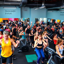 A vibrant and dynamic scene inside a modern fitness gym filled with people of various ages working out