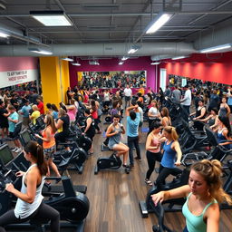 A vibrant and dynamic scene inside a modern fitness gym filled with people of various ages working out