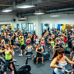 A vibrant and dynamic scene inside a modern fitness gym filled with people of various ages working out