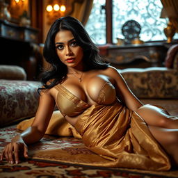 A seductive Indian brunette maid in an opulent home, lying gracefully on the floor, enticing her owner with a sultry gaze