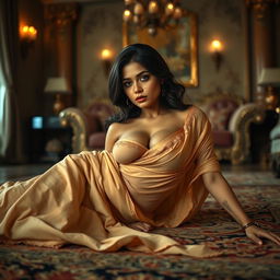 A seductive Indian brunette maid in an opulent home, lying gracefully on the floor, enticing her owner with a sultry gaze