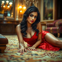 A seductive Indian brunette maid in a lavish, elegantly designed room, lying sensuously on the floor, captivating her owner with a sultry gaze