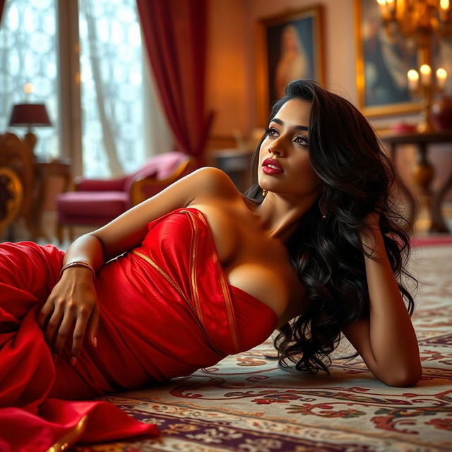 A seductive Indian brunette maid in a lavish, elegantly designed room, lying sensuously on the floor, captivating her owner with a sultry gaze