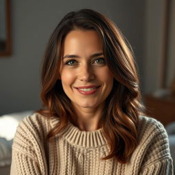 A woman aged between 30 and 45 years, with chestnut brown hair, featuring European traits